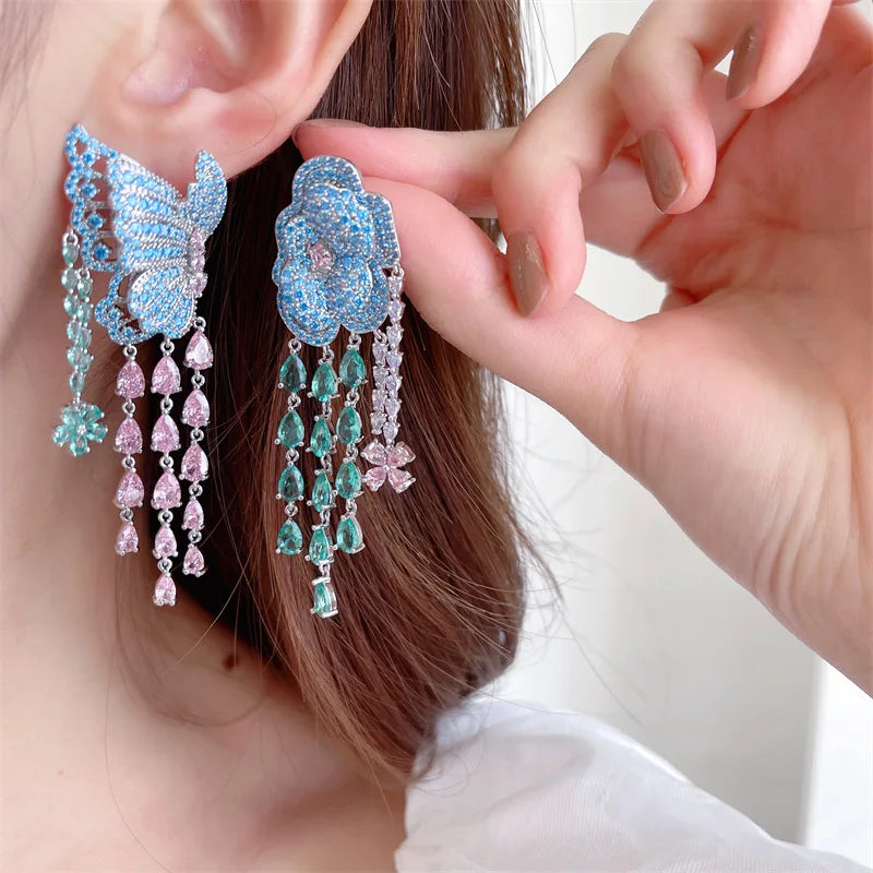 SUYU Exaggerate Atmosphere Heavy Industry Earrings Wholesale with Zirconia Premium Butterfly Flower Tassel Earrings