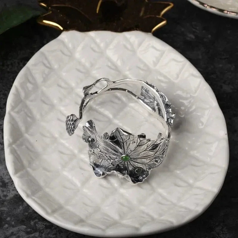 Ancient gold craftsmanship lotus Vinesbracelet for women hollow out exquisite personality ethnic style charm silver jewelry