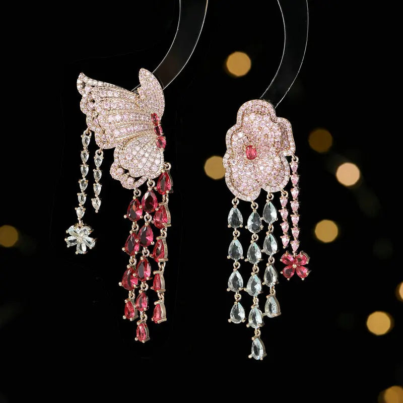SUYU Exaggerate Atmosphere Heavy Industry Earrings Wholesale with Zirconia Premium Butterfly Flower Tassel Earrings