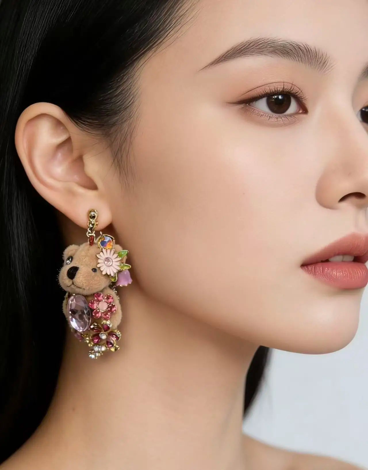 Plush Bear Flower Earrings Cute Teddy Bear Jewelry Fashion Women Ear Studs Gift