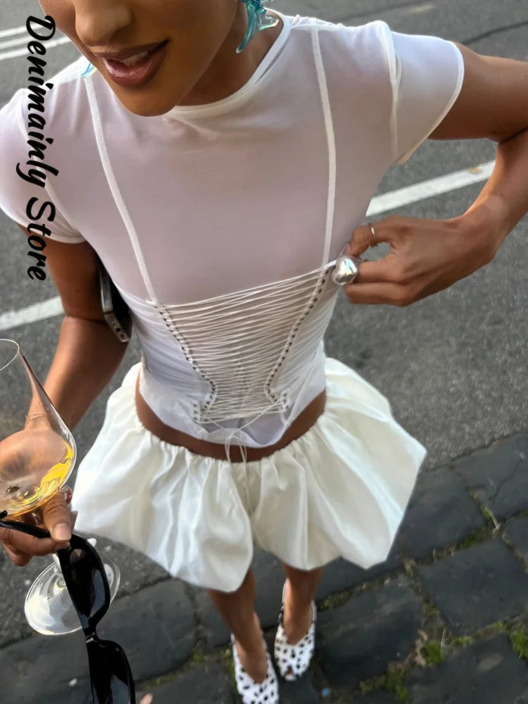 Fashion Women's Bandage See Through Tops Slim Patchwork O-neck Short Sleeve Female T-shirts 2026 Spring Summer Lady Sexy Wear