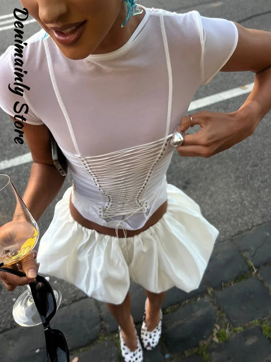 Fashion Women's Bandage See Through Tops Slim Patchwork O-neck Short Sleeve Female T-shirts 2026 Spring Summer Lady Sexy Wear
