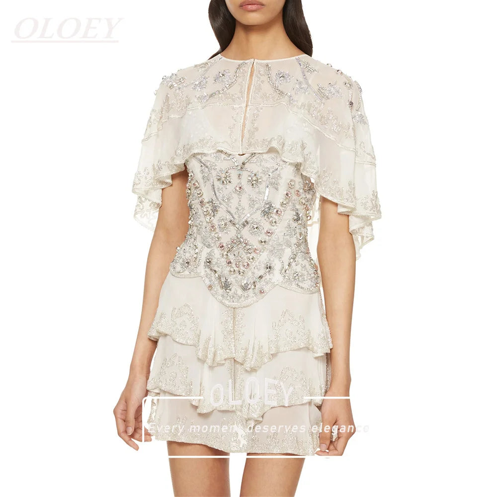 OLOEY Sage Chiffon Ruffled Short Wedding Dress Spaghetti 2 in 1 Straps with Capelet A-line Beaded Crystal Bridal Gown Customized