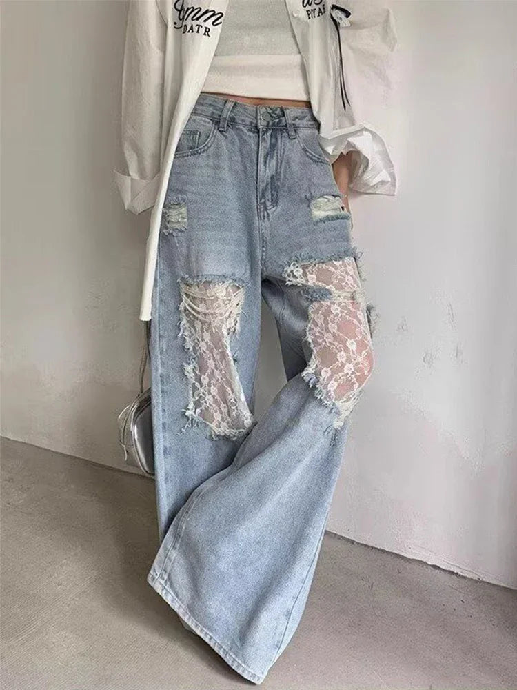 American Retro Y2K 2000s Ripped Lace Spliced   Jeans Women Loose Wide Legs Summer Style Design High Waist Straight Trousers