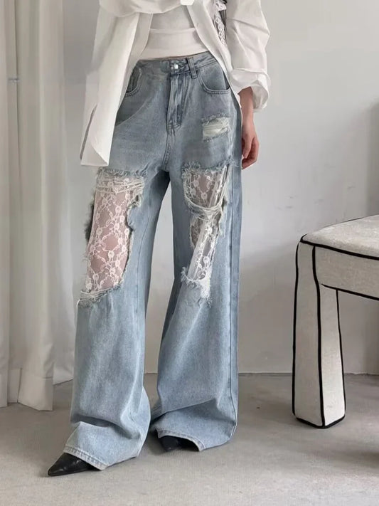 American Retro Y2K 2000s Ripped Lace Spliced   Jeans Women Loose Wide Legs Summer Style Design High Waist Straight Trousers