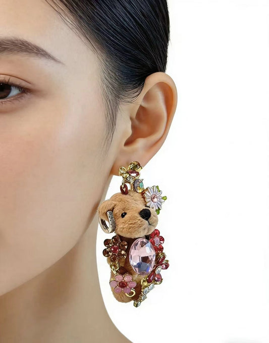 Plush Bear Flower Earrings Cute Teddy Bear Jewelry Fashion Women Ear Studs Gift