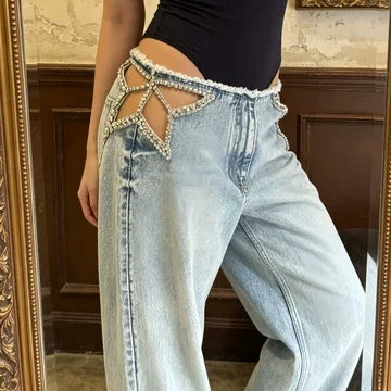 Y2k American Harajuku Hot Girl Retro Star Hollow Hot Diamond Jeans Girls Summer Fashion Raw Edge Casual Loose Wide Leg Jeans