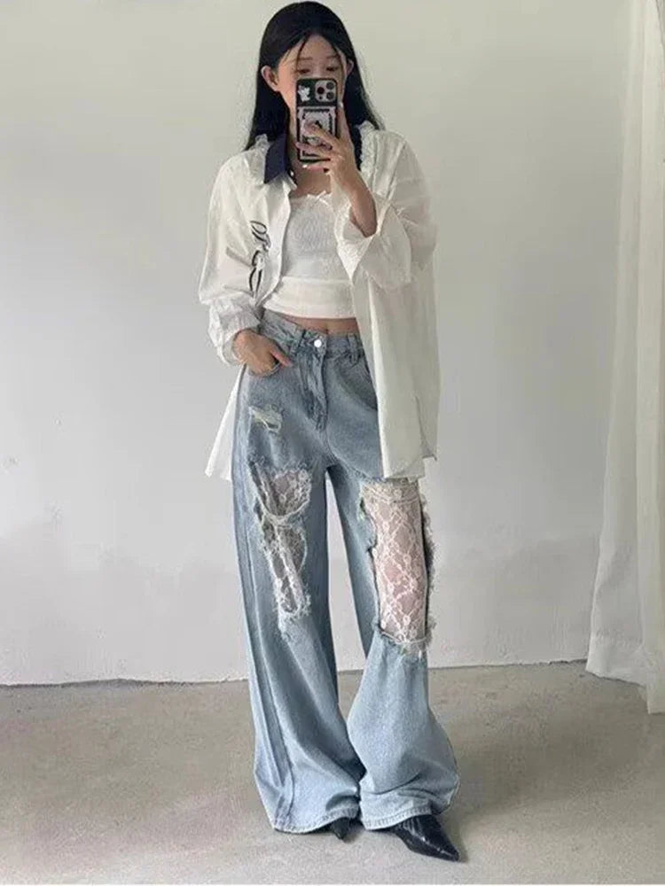 American Retro Y2K 2000s Ripped Lace Spliced   Jeans Women Loose Wide Legs Summer Style Design High Waist Straight Trousers