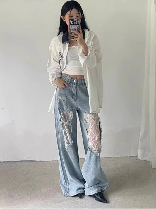 American Retro Y2K 2000s Ripped Lace Spliced   Jeans Women Loose Wide Legs Summer Style Design High Waist Straight Trousers