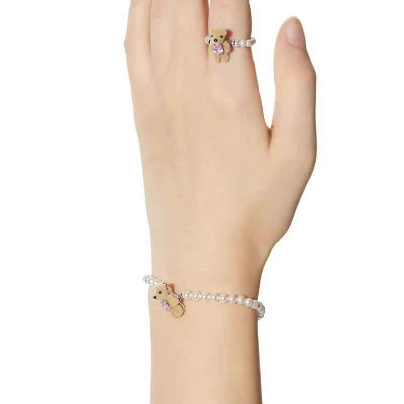 Teddy Bear Flocking Pearl Bear Bracelets Sweet Romantic Copper Alloy Jewelry Party Gift For Women