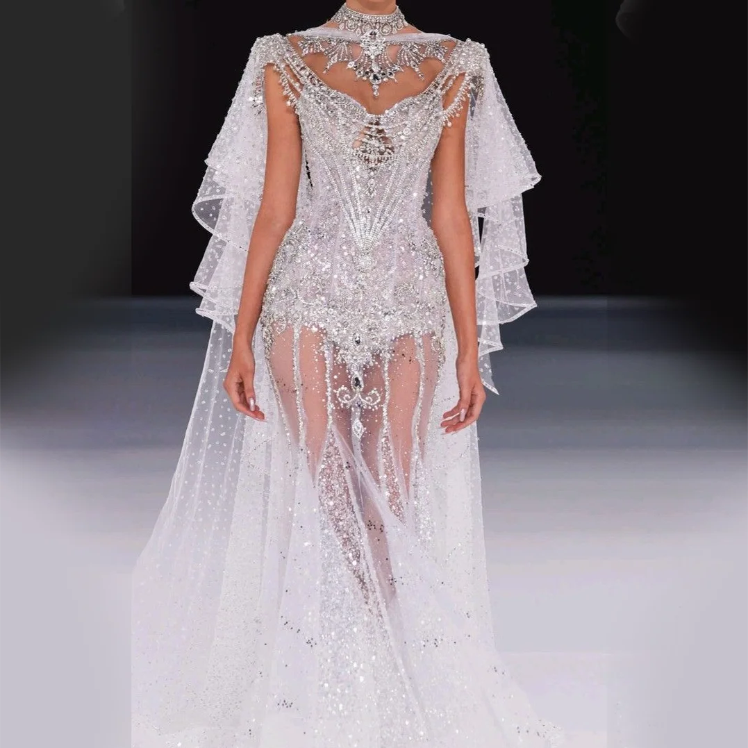 Exquisite Illusion Sequined Beads Cap Sleeve Mermaid Bride Wedding Dresses Bridal Gowns Customized