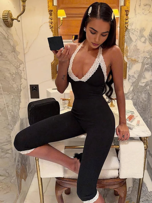 Dulzura Women'S Sexy Backless Lace Ruffles Patchwork Halter Jumpsuit Fashion Casual Slim Romper Party Club Street Summer Clothes