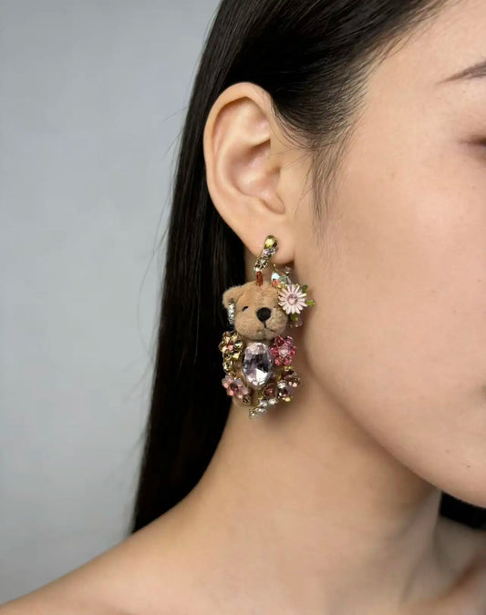 Plush Bear Flower Earrings Cute Teddy Bear Jewelry Fashion Women Ear Studs Gift