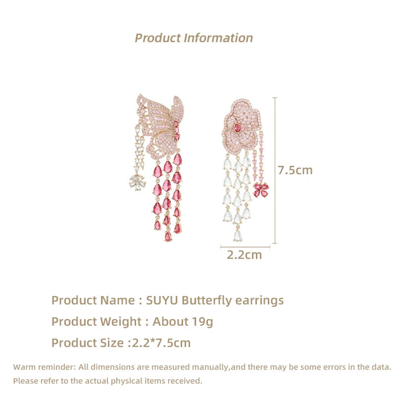 SUYU Exaggerate Atmosphere Heavy Industry Earrings Wholesale with Zirconia Premium Butterfly Flower Tassel Earrings